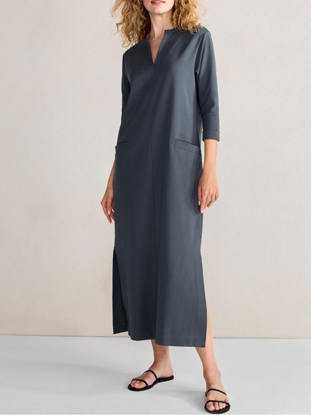Haven WELL WITHIN Polished Lounge Split-Neck Slate Gray Midi Dress Size Small
